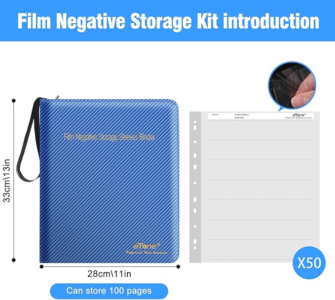 eTone Film Negative Storage Album, Black PU Leather, 50 35mm Acid-Free Sleeves, Triple Ring Binder Box, 13.18x7.08x1.96 Inch (Blue)