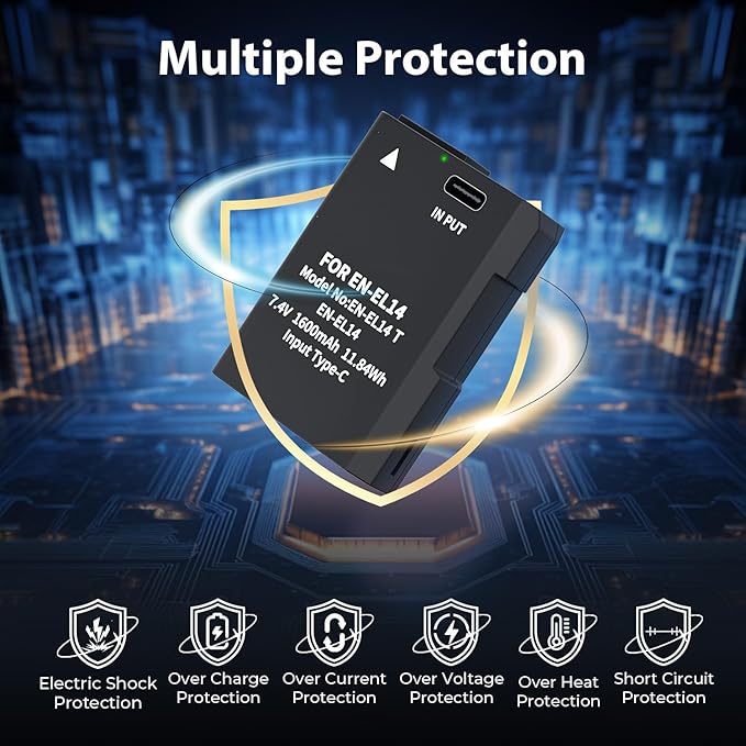 LP EN-EL14 EN-EL14a Battery 1600mAh 2-Pack with USB-C Fast Charging Cable for Nikon D3100 D3200 D3300 D3400 D3500 D5100 D5200 D5300 D5500 D5600 DF Coolpix P7000 P7100 P7700 P7800 Cameras