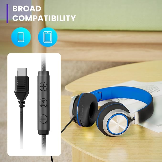INFURTURE USB C Headphones with Mic,Volume Control,Tangle-Free Plaiting Line,Type C Headphones Wired,Lightweight Foldable for iPhone 17/15/16 Headphone Series/Tablet/School/Travel/Sports(Blue