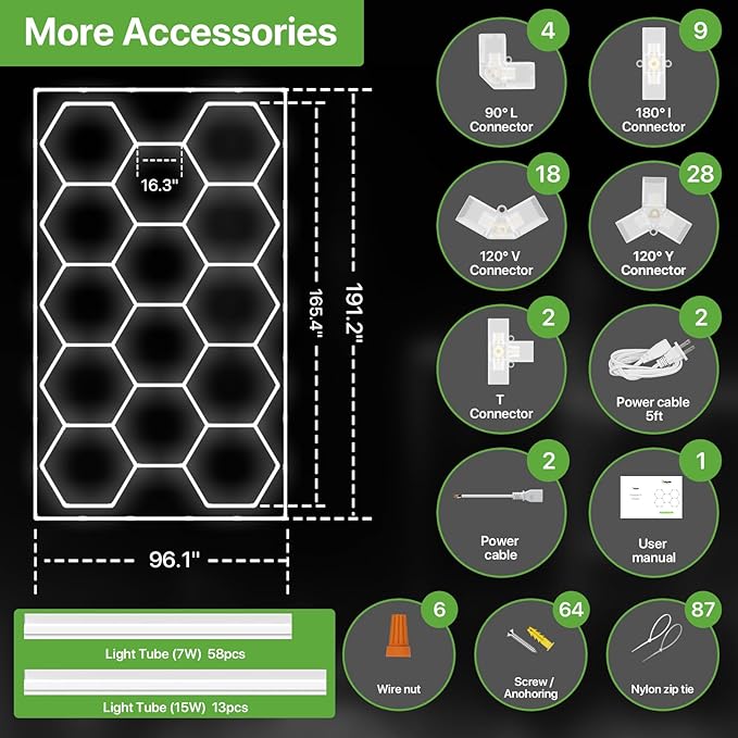 Glitgate Hexagon LED Garage Light, 579W 63690LM 14-Grid Honeycomb Hex Lighting System, 6500K Ultra Bright Ceiling Light for Garage, Car Detailing Shop, Workshop, Basement, Gym