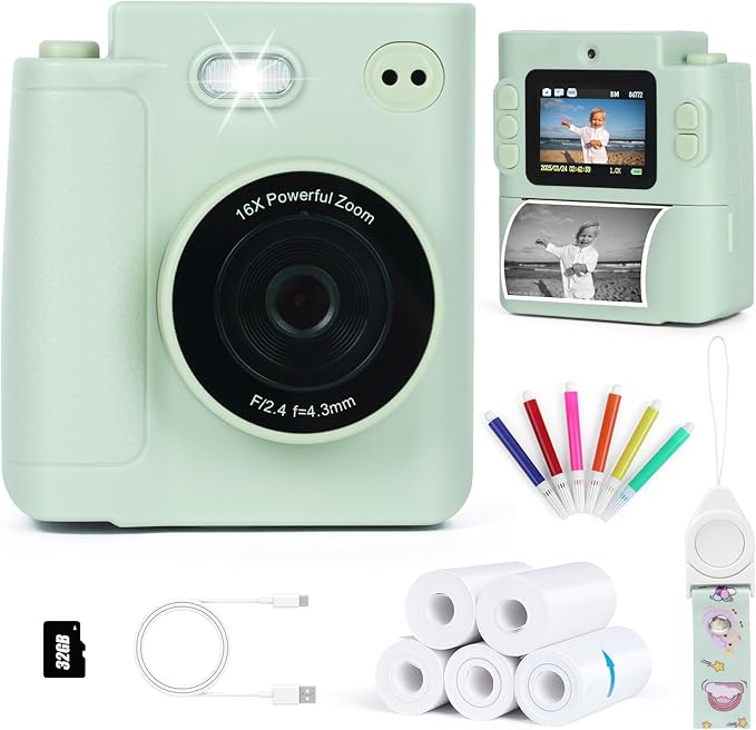 Kids Camera Instant Print, 1080P HD Dual-Lens Selfie Digital Camera with 5 Printing Paper Rolls & 32G TF Card, for Children, Portable Toddler Toy for Age 3-12 Boys & Girls (Mint Green)