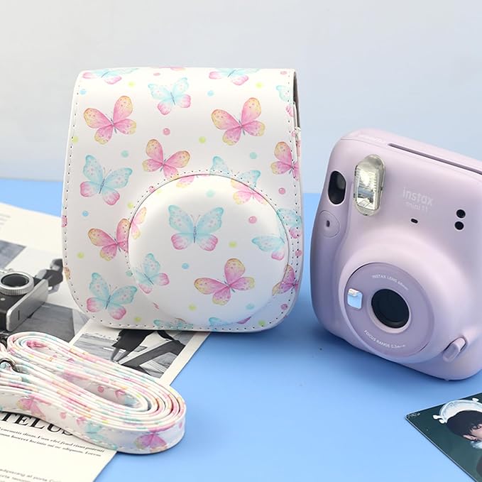 Frankmate Protective Case Fit for Fujifilm Instax Mini 12 11 9 8 Camera, PU Leather Camera Bag with Pocket and Adjustable Shoulder Strap (Pink Butterfly)
