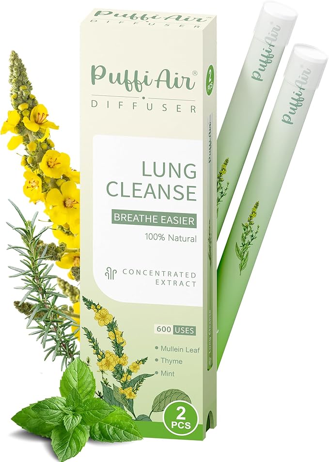 Upgraded Mullein Herbal Diffuser Stick with Mullein, Thyme & Mint Extracts | Lung Detox Diffuser for Cleansing Lungs, Improving Breathing & Oral Air Freshening - 600 Uses - 2 Sticks 1 Pack