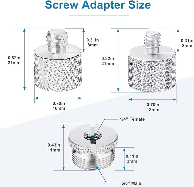 3 Pieces Mic Stand Adapter Set, 5/8" Female to 3/8" Male, 5/8" Female to 1/4" Male & 5/8" Male to 1/4" Female Screw Thread Adapter for Microphone Stand, Boom Arm, Tripod, and Mic Mount