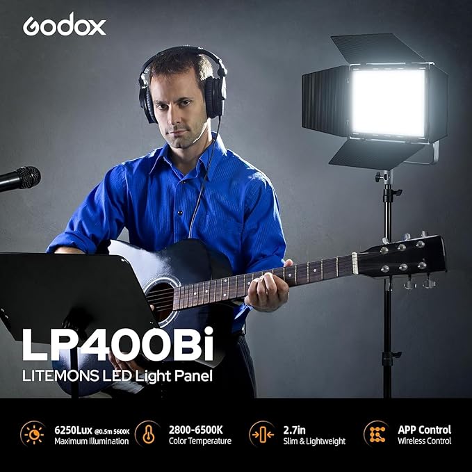Godox LP400Bi Bicolor LED Video Light with Barndoor, 36W 2800K-6500K 6250Lux LED Panel Light with 11 FX Effects APP Control CRI/TLCI 96+ Dimmable 0-100% Studio Soft Light for Videography
