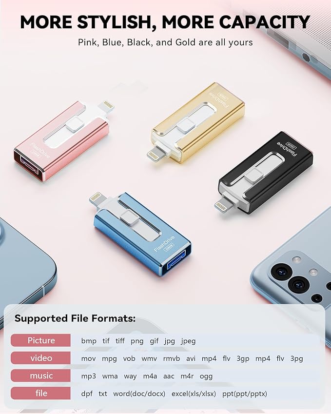 MFi Certified Flash Drive for iPhone iPad 512GB, Photo Stick for External Memory Storage, Easily Back Up and Save Photos Videos, USB Memory Stick Thumb Drive for iPhone/iPad/Android/PC (Rose Pink)