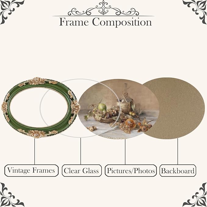 Vintage Picture Frames 4x6 Ornate Green and Gold Antique Pictue Frames with Real Glass Cover for Wall & Tabletop Display Victorian Home Decor Gallery Wall Decor,Oval