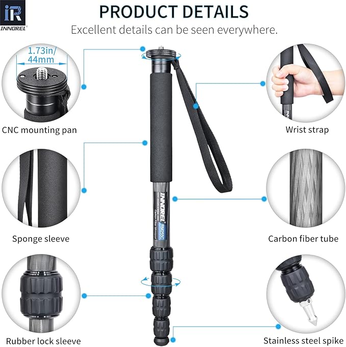 Carbon Fiber Camera Monopod INNOREL RM255C Professional Portable Compact Lightweight Travel 5-Section Monopod for Canon Nikon Sony DSLR Camera Video Camcorder DV Photography Bracket Load 15lbs/7kg