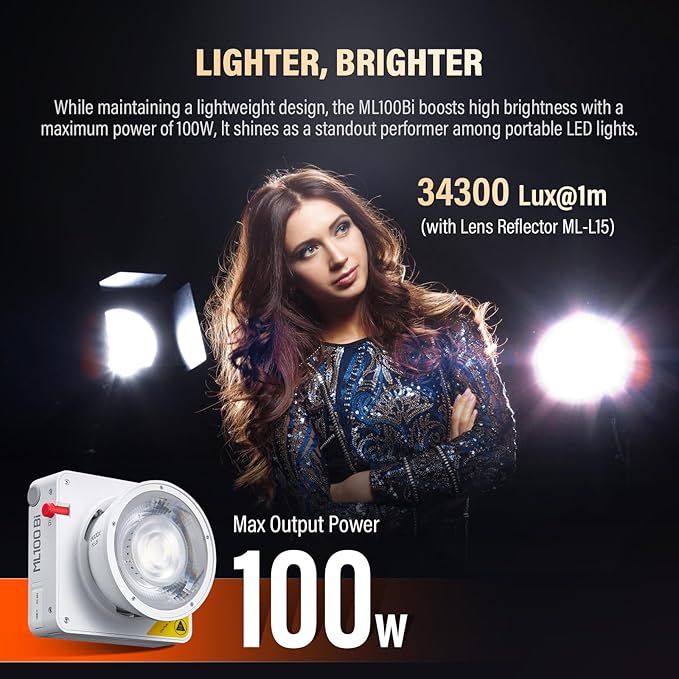 Godox ML100Bi Bi-Color LED Video Light, godox Mount COB LED Video Light 34300 Lux CRI 97+/TLCI 98+ 2800K-6500K 11 FX Effects for Filming Live Streaming Studio Photography