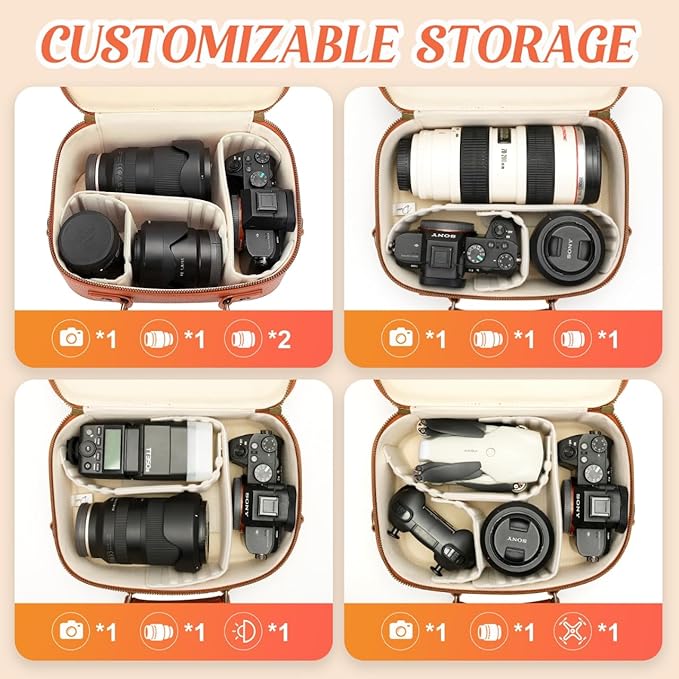 Camera Sling Bag, Waterproof PU Leather Crossbody Camere Bag for Photographers, Small Shockproof Case with Removable Dividers for DSLR/SLR/Mirrorless, 5L Brown