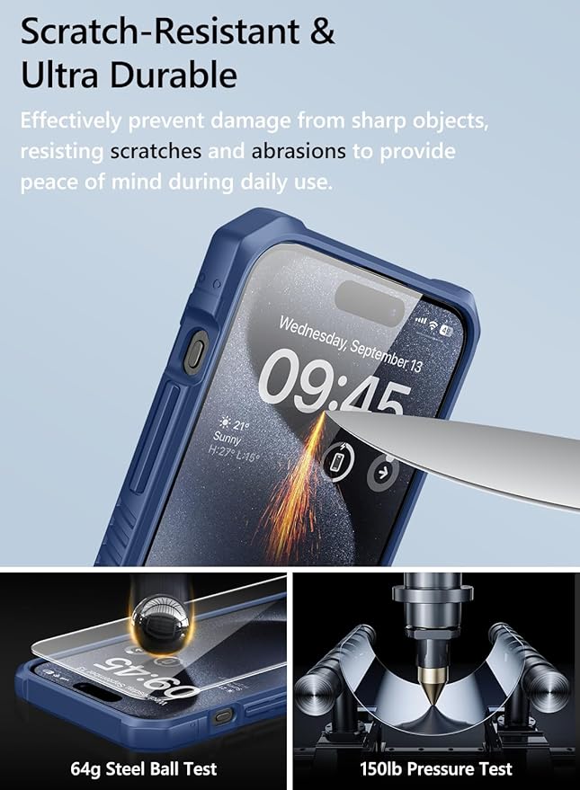 Vihibii for iPhone 15 Pro Max Case with Card Holder (4 Cards), Built-in 2X Tempered Glass Screen Protector & Slide Camera Cover & Kickstand, Military Grade Drop Protection, Rugged Wallet Case, Blue