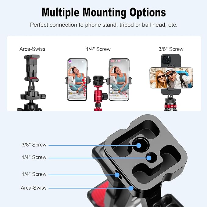 Manbily Phone Tripod Mount, Metal Smartphone Mount Adapter with Dual Phone Holder, 360° Swivel 180° Flip Adjustable Clip Clamp with Cold Shoe, for Selfie Stick Vlog Live Streaming