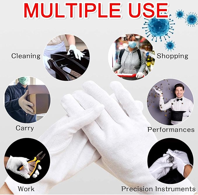 YITIAOYU 24pcs Soft Cotton Gloves for Dry Hands, Overnight Eczema Moisturizing Lotion Treatment Reusable Work Gloves for Coin Jewelry Silver Archival Costume Inspection (Medium, White)