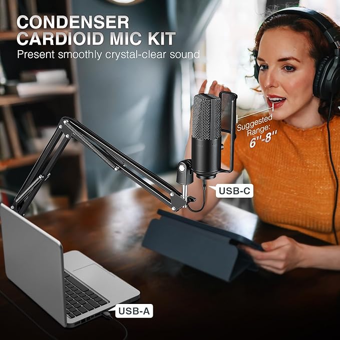 FIFINE USB Podcast Microphone, PC Computer Condenser Microphone Plug & Play Mic Kit with Boom Arm Stand, 16MM Large Diaphragm, Mute Button for Recording Singing Streaming YouTube Gaming-T669PRO1