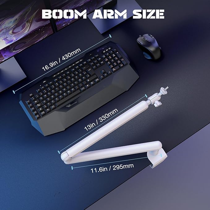 FIFINE Boom Arm Mic Stand, Low Profile Microphone Arm Stand, Podcast Mic Boom Arm with Desk Mount, Cable Channels Management, Metal Boom Arm White for Recording/Streaming/Gaming/Home Office-BM88W