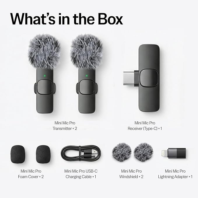 Mini Mic Pro (Latest Model) - Wireless Mini Microphone for iPhone, iPad, Android - 2 Pack Lavalier Microphone for Video Recording - iPhone Mic Crystal Clear Recording with USB-C for Content Creators