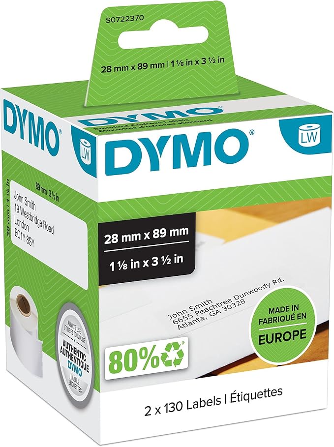 Dymo 28 mm x 89 mm LW Address Labels, 2 Roll of 130 Easy-Peel Labels, Self-Adhesive, for LabelWriter Label Makers, Authentic - Black on White
