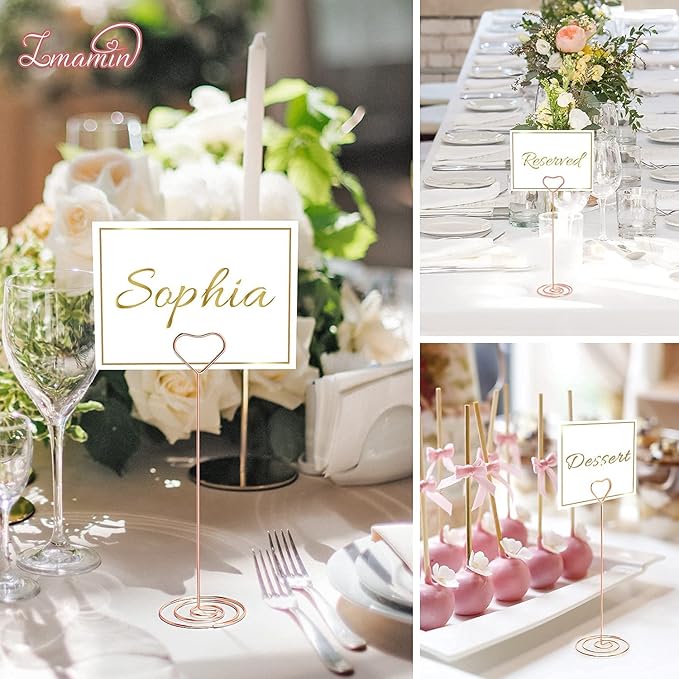 IMAMIN 16pcs Place Card Holders, 8.75 Inches Tall Table Number Holders, Rose Gold Picture Holder for Tables with Heart Shaped Clip for Wedding, Photos, Food Signs, Memo Notes, Restaurant, Birthday