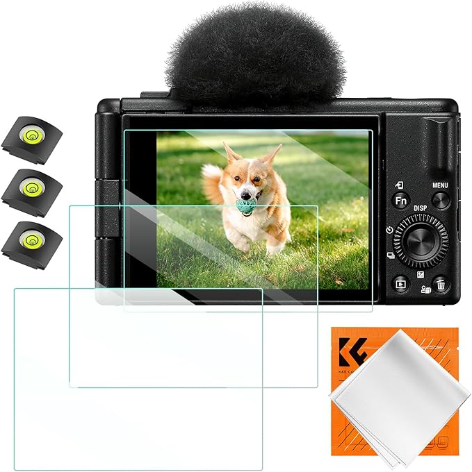 K&F CONCEPT 3 Pack Camera Screen Protector Compatible with Sony ZV-1/ZV-1 II/ZV-E10, 0.3mm 9H Hardness Tempered Glass Cover Anti-Scratch Bubble-Free & Hot Shoe Cover
