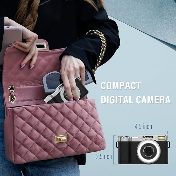 4K Digital Camera for Photography, 64MP Flip Screen Digital Camera for YouTube Vlogging, Selfies, Use with LED Light, 64GB Memory Card, Compact Design for Travel, Perfect for Teens and Beginners