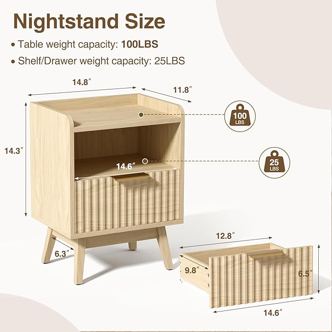 Modern Fluted Nightstand with Drawer and Open Storage Shelf, Bedside Table with Raised Edge, Boho Night Stand with Solid Wood Legs & Metal Handle, End Table for Bedroom Natural