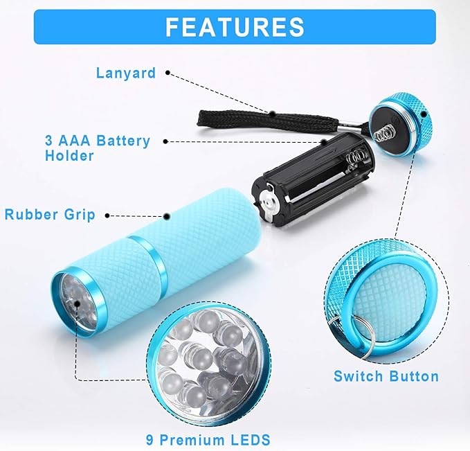 Mudder 8 Pieces Glow in Dark Flashlights Set, 9 LED Mini Flashlights Rubber Coated with Handle, LED Fluorescent Aluminum Portable Flashlight for Parties, Hiking, Camping, 4 Colors