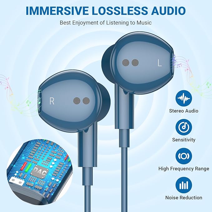 USB C Headphones for Samsung S26 S25 Ultra S24+ 23, Type C Earphones with Microphone Magnet HiFi Stereo Wired Earbuds for iPhone 17 Air 16 Pro Max 15/Galaxy A53 S21 S20 FE Flip 7 6 Fold/Pixel 10, Blue