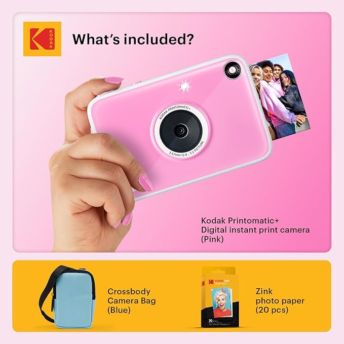 Kodak Printomatic+ Instant Print Digital Camera Starter Bundle + Carrying Case (Blue) + Zink 20pk Sticky-Back Photo Paper - 10MP, Full-Color Photos, GB LED Status Indicator - Pink