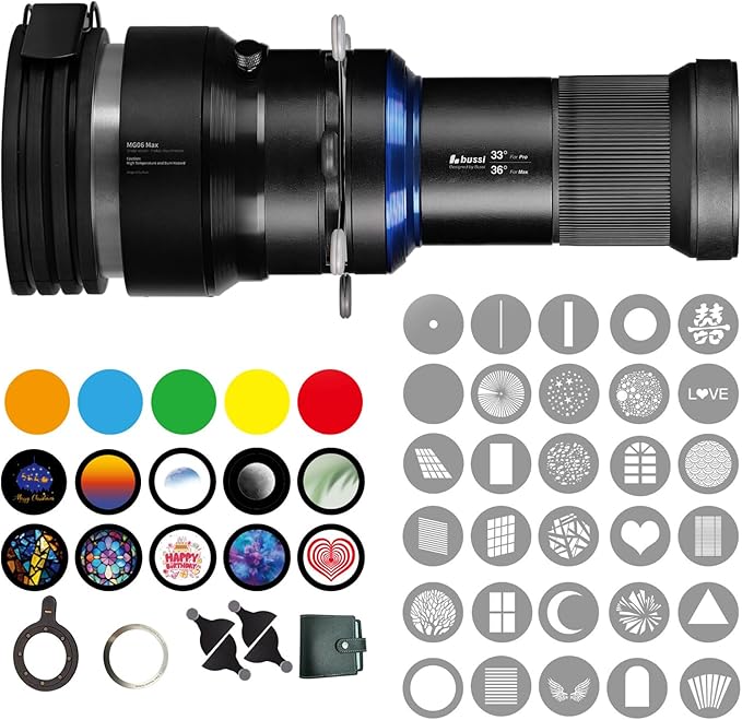 Bussi MG06 Max Optical Snoot kit with 40 Gobos, 36° Optical Lens Spotlight for Photography Video Shape Light Studio,GOBO Light (Compatible with Profoto Mount)