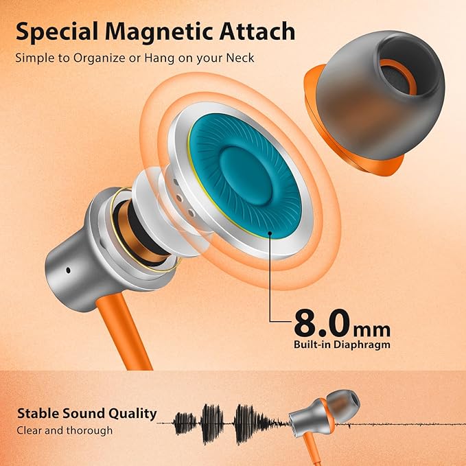 Jiunai USB C Earbuds for Samsung S26 Wired Headphones with USB C Plug in Ear Magnetic Stereo Remote Control Corded Type C Earphones for iPhone 17 16 15 Galaxy S25 S24 Pixel 10 for iPad Pro Orange Grey