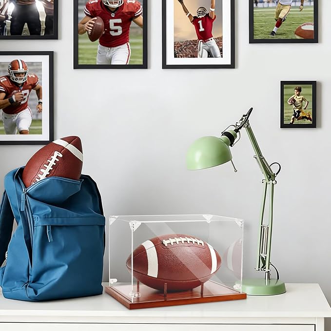 Hooqict Football Display Case Acrylic Clear Full Size with Solid Wood Base UV Protected Football Holder Stand Display Case for Sports Collections Autographed Ball Memorabilia Gifts