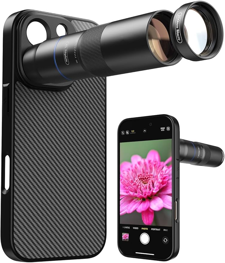 MIAO LAB HD 10X Telephoto Lens & 200mm Macro Lens, 2-in-1 Aluminum Phone Camera Lens Kit with 17mm Lens Thread Interface Mobile Phone case. Phone Lens Attachment Fit for iPhone 16 Pro