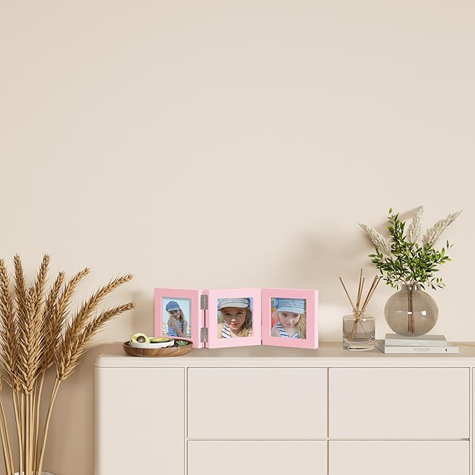 decorUhome Triple 4x4 Picture Frame Vertical, Engineered Wood Trifold Photo Frame with Plexiglass for Tabletop Display, 4x4, Pink