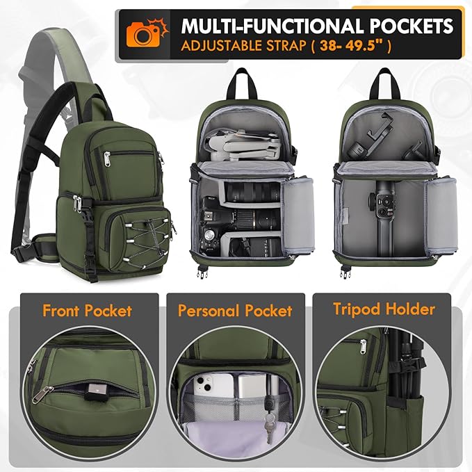 RAINSMORE Camera Bag, DSLR & Mirrorless Camera Sling Bag for Photographers Waterproof Small Camera Crossbody Case with Removable Padded Insert & Tripod Holder for Canon/Nikon/Sony/Fuji, Army Green