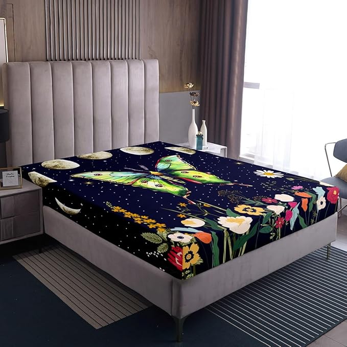 Erosebridal Death Moth Flat Sheet,Queen for Women Men Boys Gothic Decor Sheet Sets,Kids Girls Moth Skull Fitted Sheet Spring Summer Floral Botancial Moon Print Bedding,Exotic Animal Moths Bed Sheet