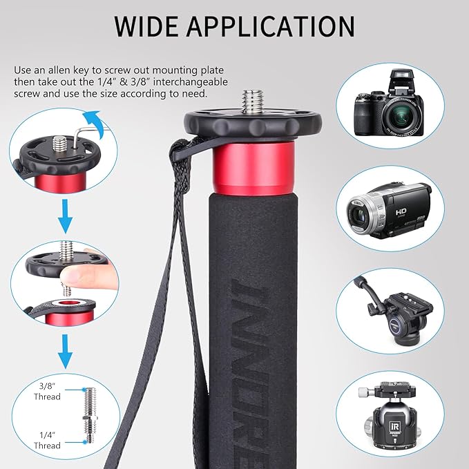 63in/160cm Camera Monopod INNOREL VM60A Aluminum Alloy Portable Compact Lightweight Travel Monopod with Fast Flip Lock for Canon Nikon Sony DSLR Camera Video Camcorder DV Photography Load 22lbs/10kg