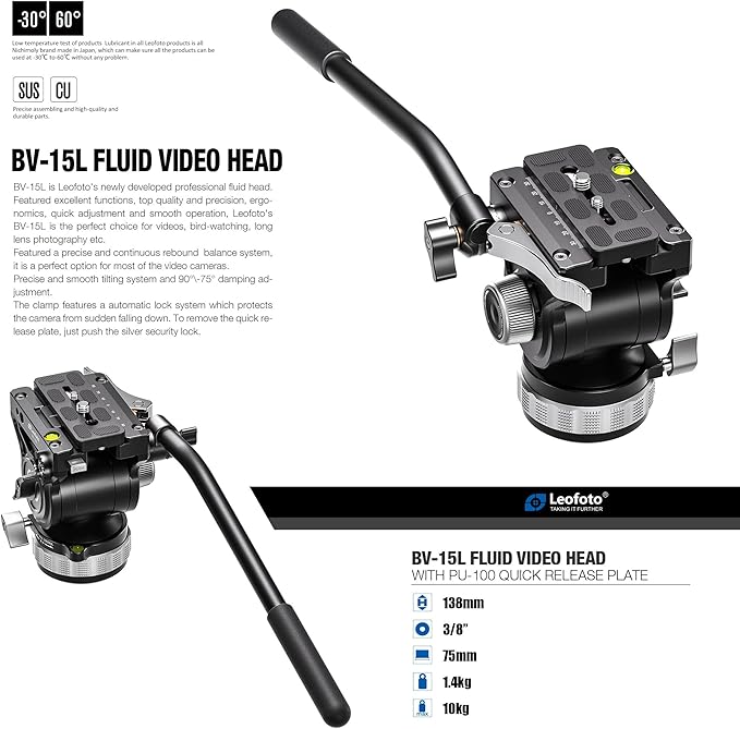 Leofoto Heavy Duty Tripod Fluid Video Head with Flat Base and Adjustable Handle, Tripod Fluid Head Pan Tilt Head with Arca Plate and Quick Release Plate for Video Camera, Max Load 22lbs (BV-15L)