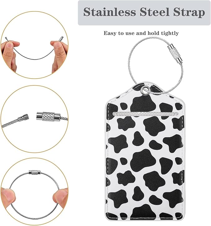 (Set of 2) Luggage Tag Leather Privacy Cover ID Label Address Card with Stainless Steel Loop, Travel Bag Tags Suitcase Labels,Cow