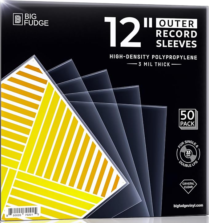 Big Fudge 12" Vinyl Record Sleeves - Outer Sleeves 50 Pack -Crystal Clear High-Density Polypropylene Vinyl Covers - Accessories Protect LP Albums from Dust, Dirt & Scratches