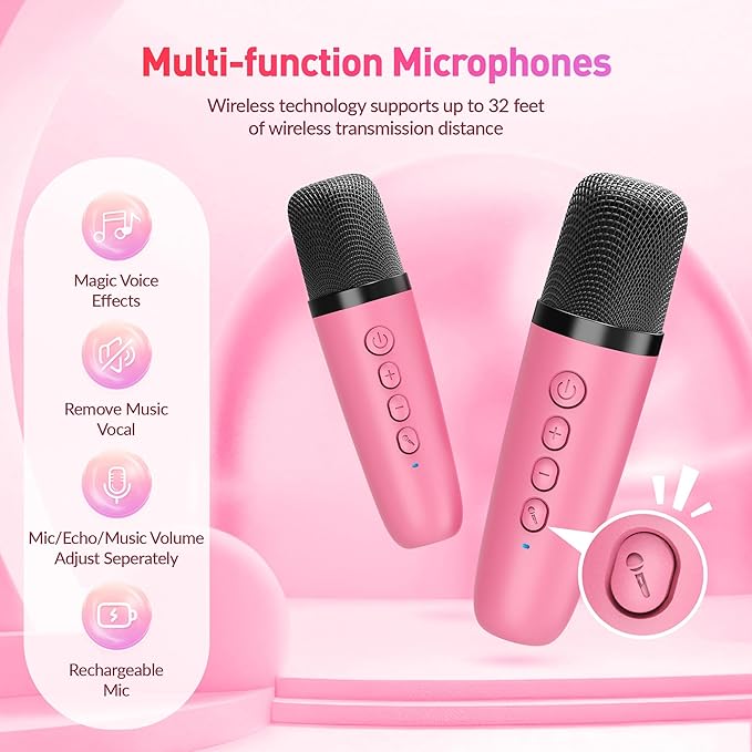 Mini Karaoke Machine with 2 Wireless Microphones for Kids Adults,Portable Bluetooth Karaoke Speaker with Party Lights,Christmas Birthday Gifts for Girls Ages 4, 5, 6,7, 8, 9, 10,12+ Family Home Party