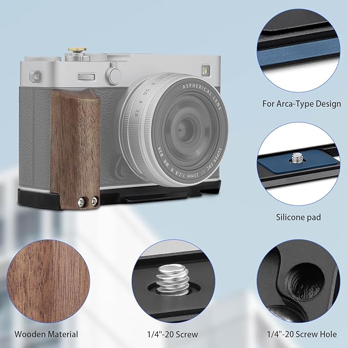 Haoge X-E5 Grip Wooden Side Handle for Fujifilm XE5 Camera - L-Shape Retro Premium Wood Grip with Quick Release Plate, Extra Tripod 1/4 Hole & Hot Shoe Hole Black HG-XE5-B