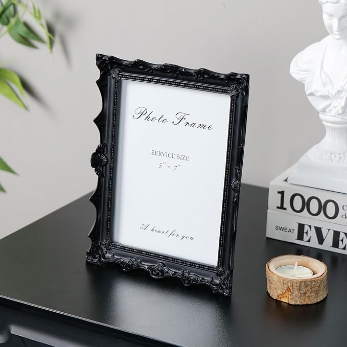 Cuspin 5x7 Picture Frame Black, Gothic Frames Handcrafted Resin Photo Frame with Exquisite Carved Details & Glass Front, Vintage Antique Design for Wall Hanging or Tabletop Display, Home Decor