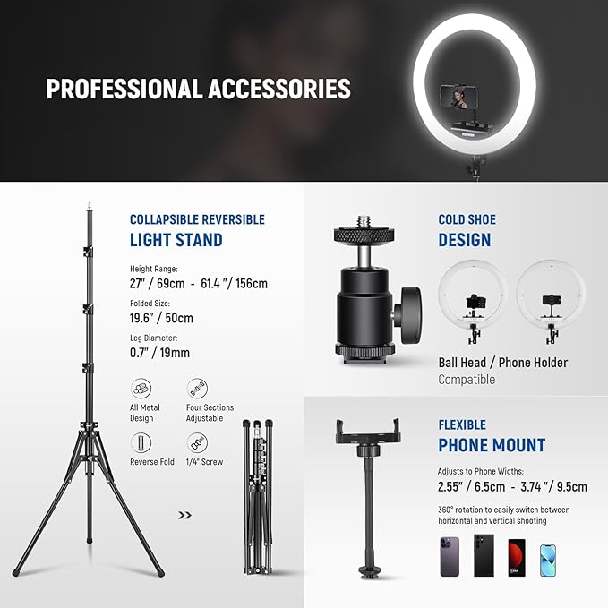 NEEWER RP18B Pro Ring Light 18" with Tripod Stand and Phone Holder Compatible with iPhone, 45W 2900K-7000K App Control Cleaning Cloth, Selfie Video Recording Makeup Studio Streaming Lighting, Black