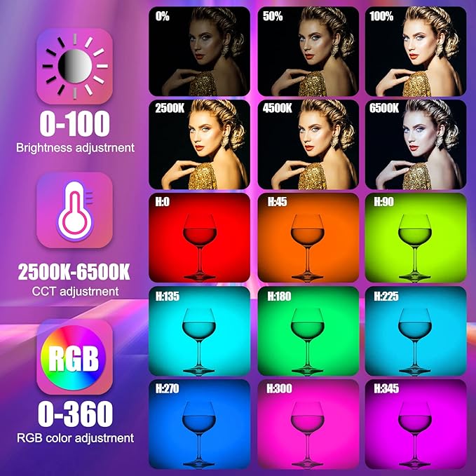 LUXCEO RGB LED Video Light Wand, Handheld Photography Light Stick with Remote Control, Dimmable 2500K-6500K CRI97+ Full-Color LED Light with 2500mAh Built-in Battery, 12 Light Scenes