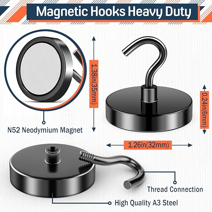 FINDMAG 10 Pack 110LBS Heavy Duty Magnetic Hooks for Hanging, Neodymium Magnet Hooks Strong Black Magnetic Hooks, Magnet with Hooks for Home, Kitchen, Bathroom, Office, School
