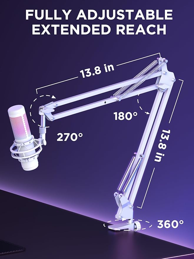 InnoGear Boom Arm Microphone Mic Stand for Blue Yeti HyperX QuadCast SoloCast Snowball Fifine Shure SM7B and Other Mic, White