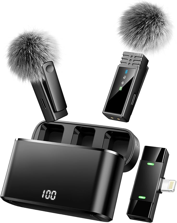 Wireless Lavalier Microphone for iPhone 14/13/12/11 Series, Lapel Mic with All-in-One 24H Charging Case, Noise Reduction, Lightning Plug & Play Clip Mic for Video, YouTube, TikTok, Podcast, Vlog Black