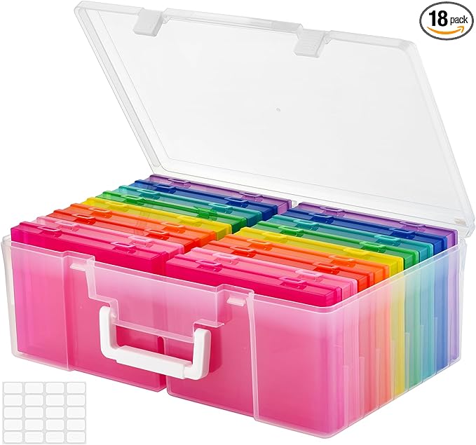 ALINK Photo Storage Box 5" x 7" with Handle, 18 pcs Inner Photo Container Organizer and Craft Keeper, Portable Picture Case with Label for Arts, Crafts, Sewing, Stickers, Office Supplies - Colored