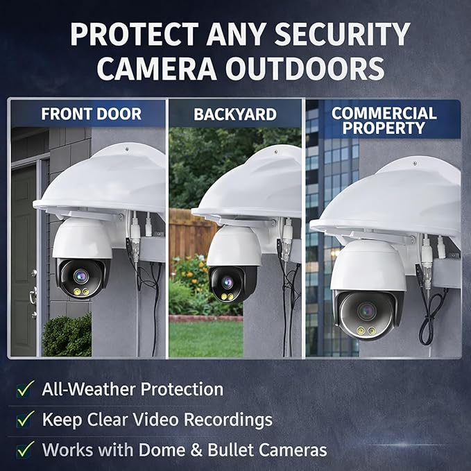 Universal Outdoor Camera Sun & Rain Cover, Weather Shield for Security Cameras, Wall Mount Protective Housing for Dome & Bullet Cameras - White