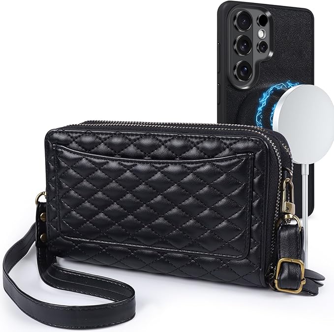 Harryshell Compatible with Samsung Galaxy S26 Ultra Case Wallet Multi Zipper Detachable Removable Cover Purse with Card Slots Holder Mirror Crossbody Strap (Compatible with Magsafe - Black)